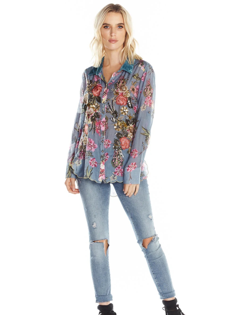 Soft Surroundings Floral Sequin Velvet Button Up Blouse Blue Size Small